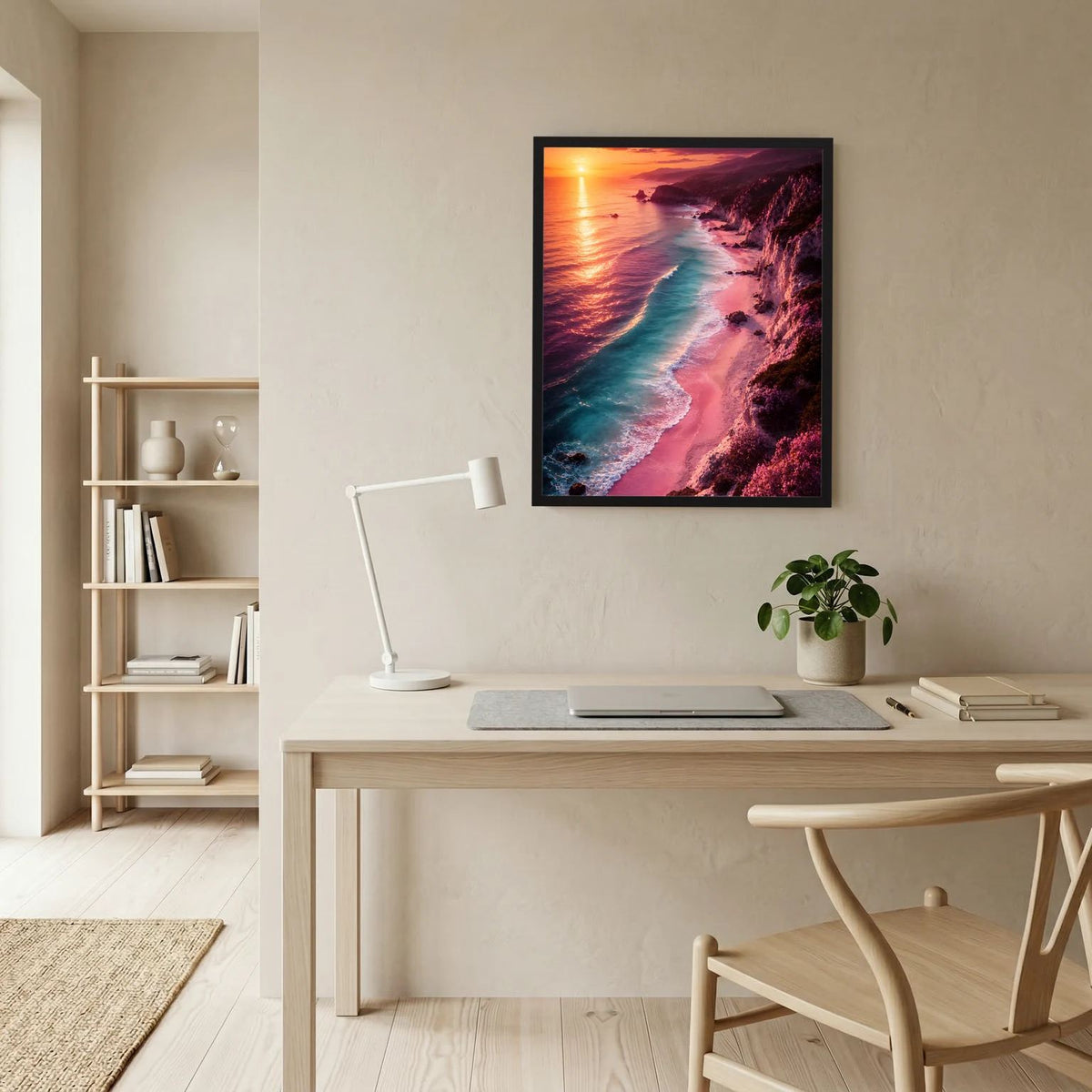 Hochformat-Poster im schwarzen Rahmen mit Küste im Sonnenuntergang: türkisfarbenes Meer, rosa Strand.
