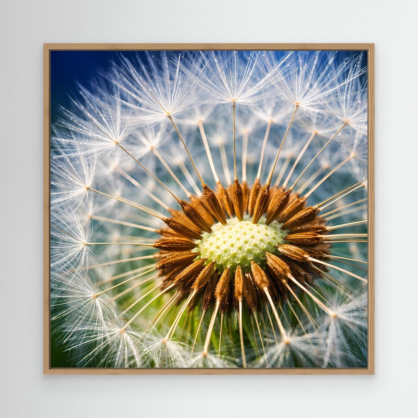 Leinwandbild Pusteblume-Makro mit weiß-gelber Pustendolde, Holzrahmen in Eiche