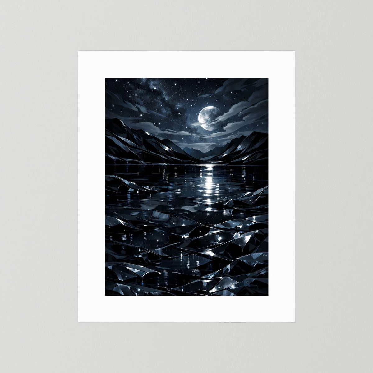 Hochformat-Poster mit großem weißem Rand: Mondschein über dunkler Berglandschaft und Sternenhimmel