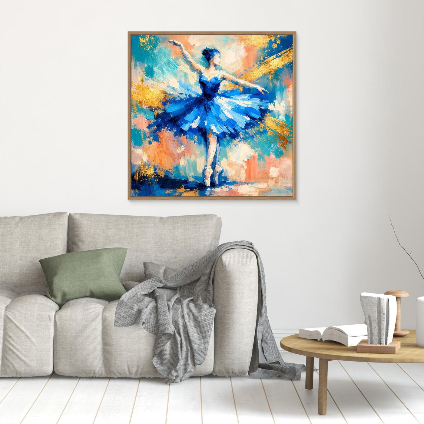 Leinwandbild mit Ballerina in Blau, goldbraun gerahmt, quadratisch