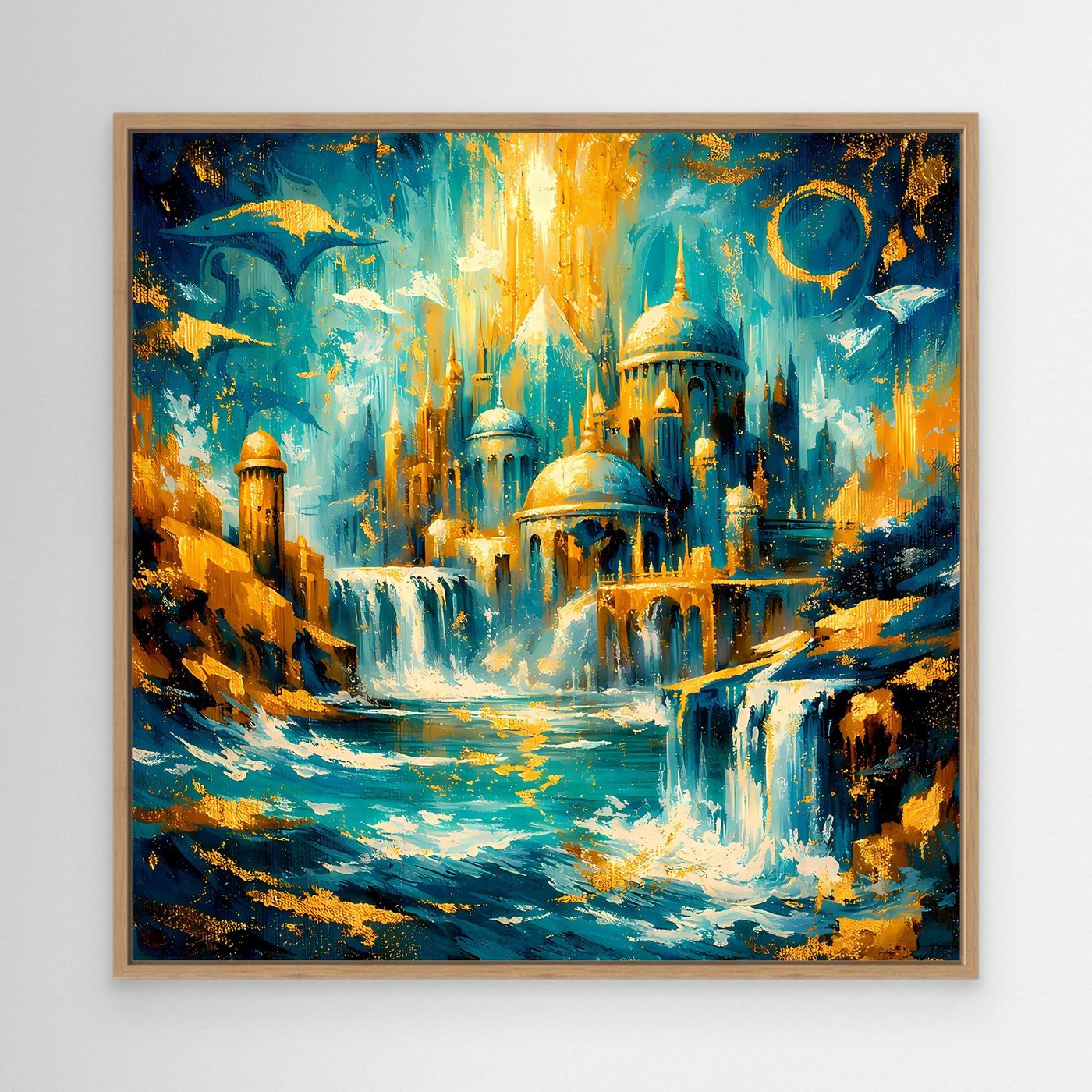 Leinwandbild Fantasystadt mit blauem Palast und goldenen Lichtern, Eichenrahmen
