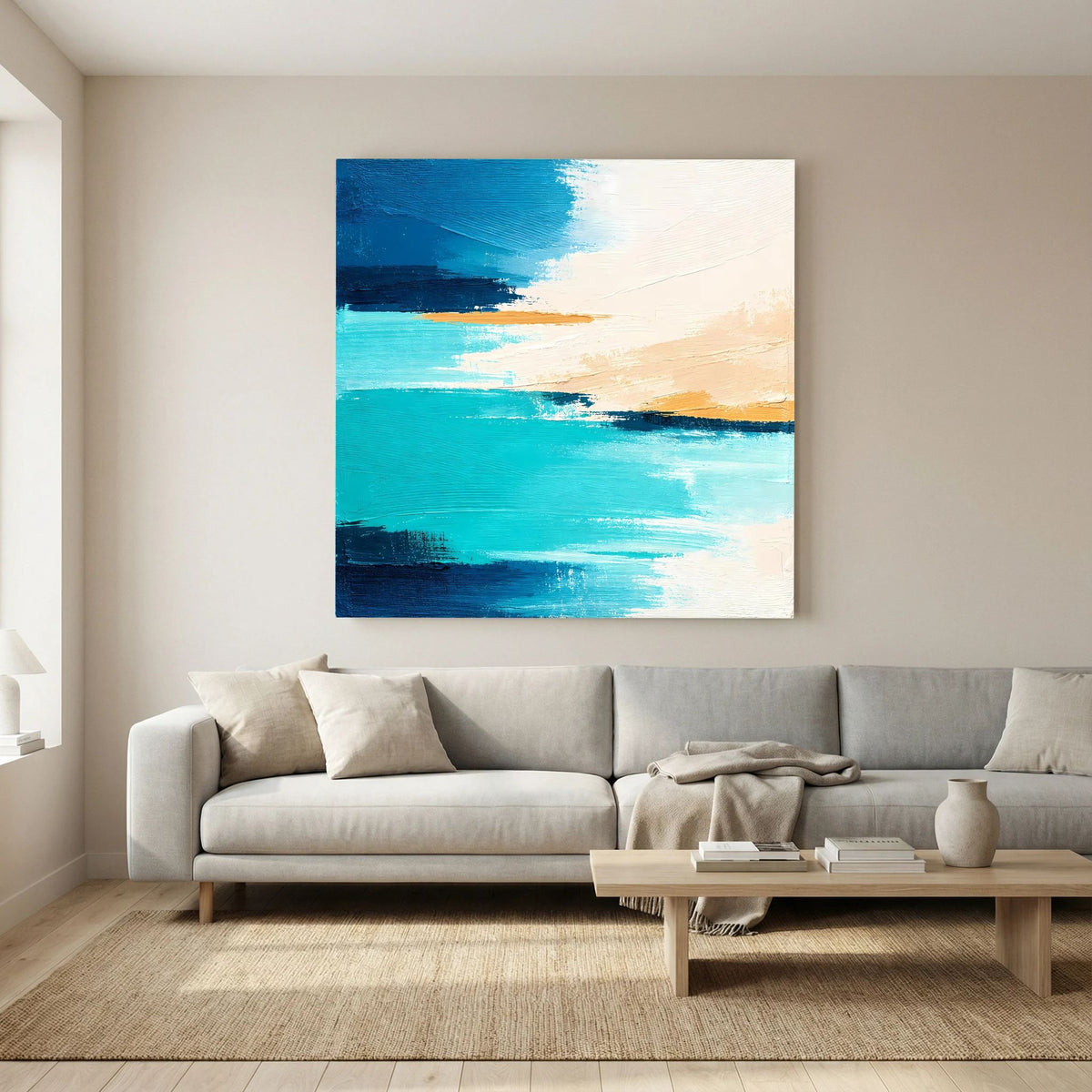 Quadratisches Acryl-Wandbild: abstrakte Meeresbrise in Türkis und Beige, mit weißem Rand