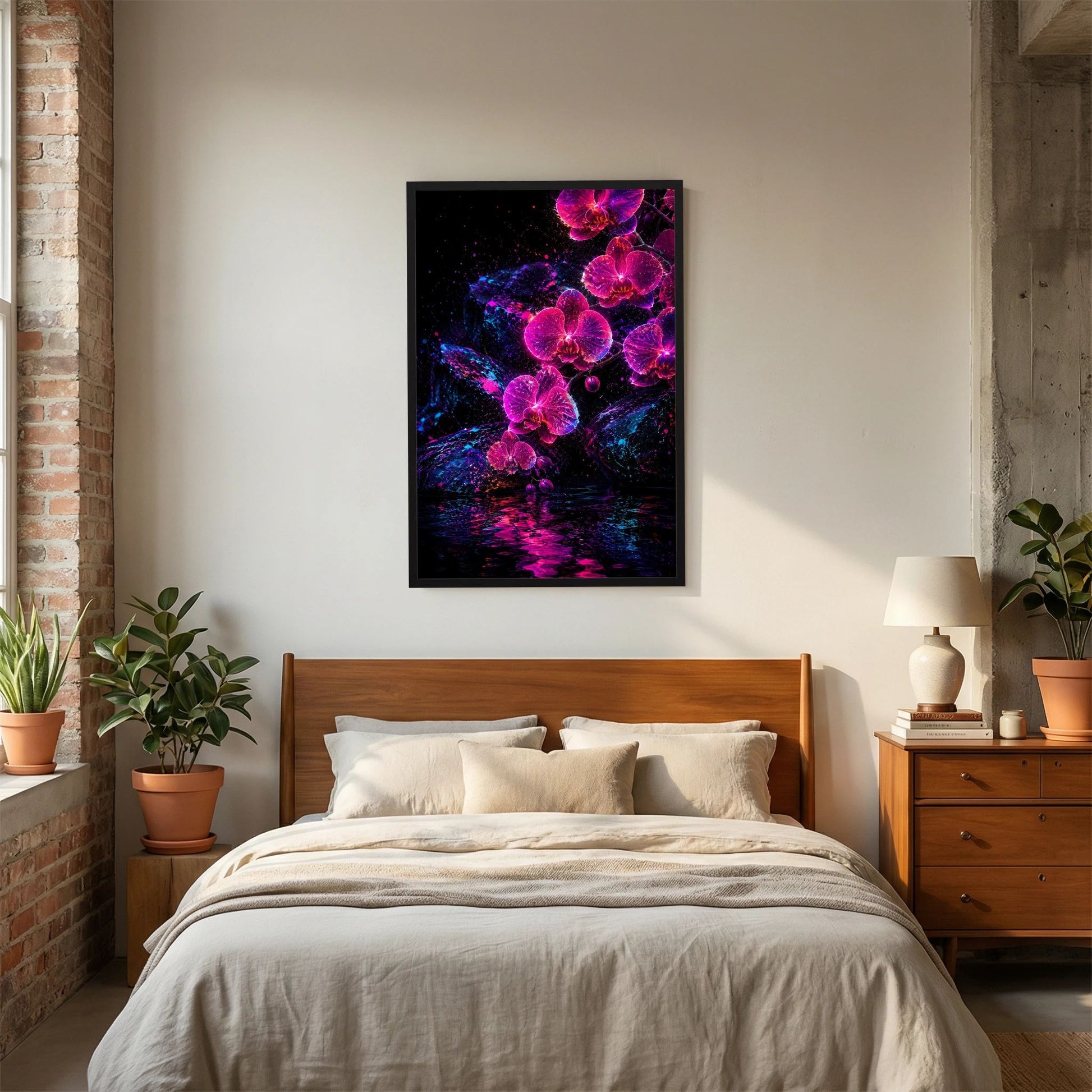Kunstposter Hochformat mit neonpink-violetten Orchideen auf dunklem Hintergrund, schwarze Einfassung