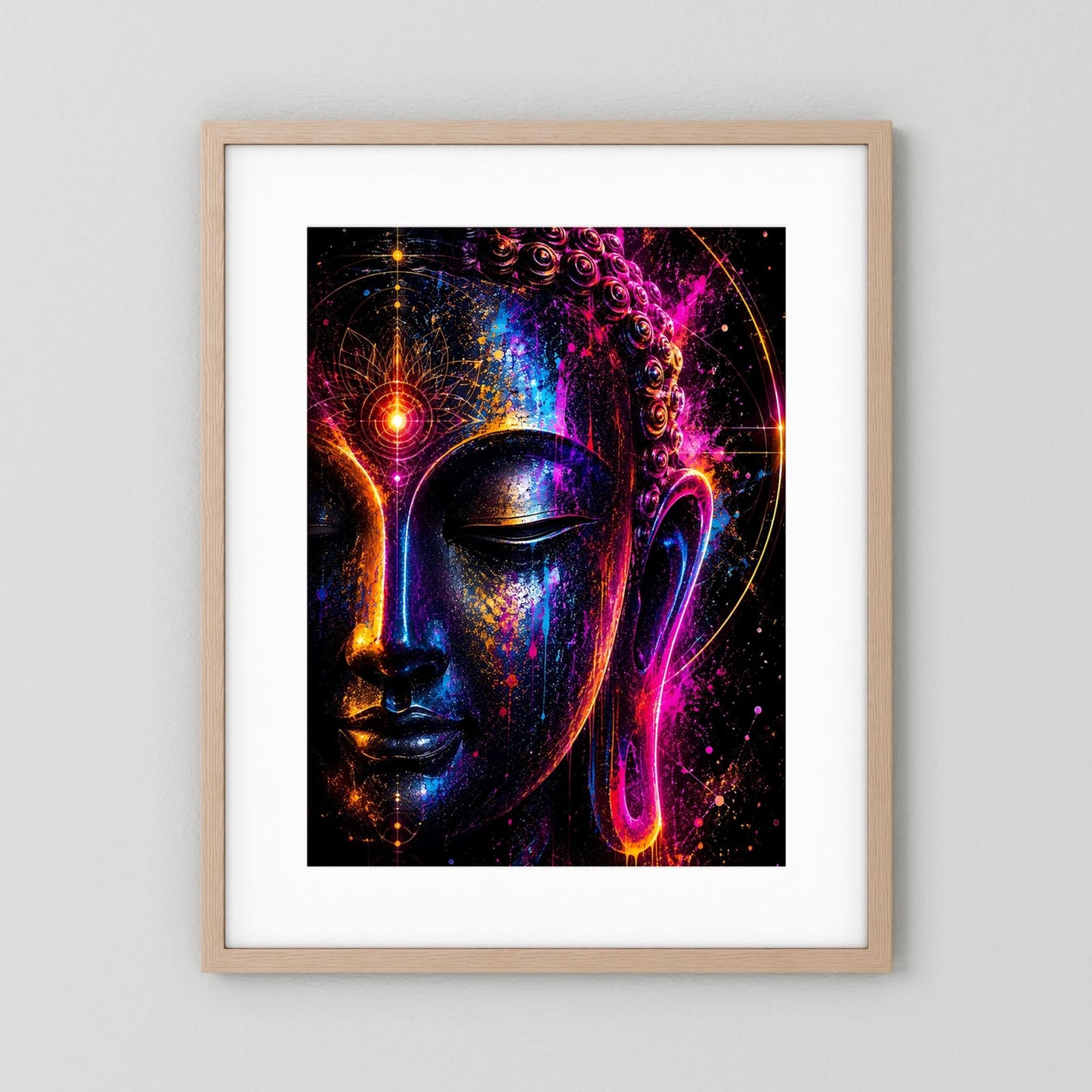 Hochformatiges Poster mit abstraktem Buddha-Gesicht in Neonfarben, Holzrahmen mit weißem Passepartout