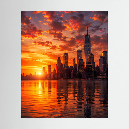 Stadtposter ohne Rahmen, Skyline bei Sonnenuntergang mit Reflexionen im Wasser