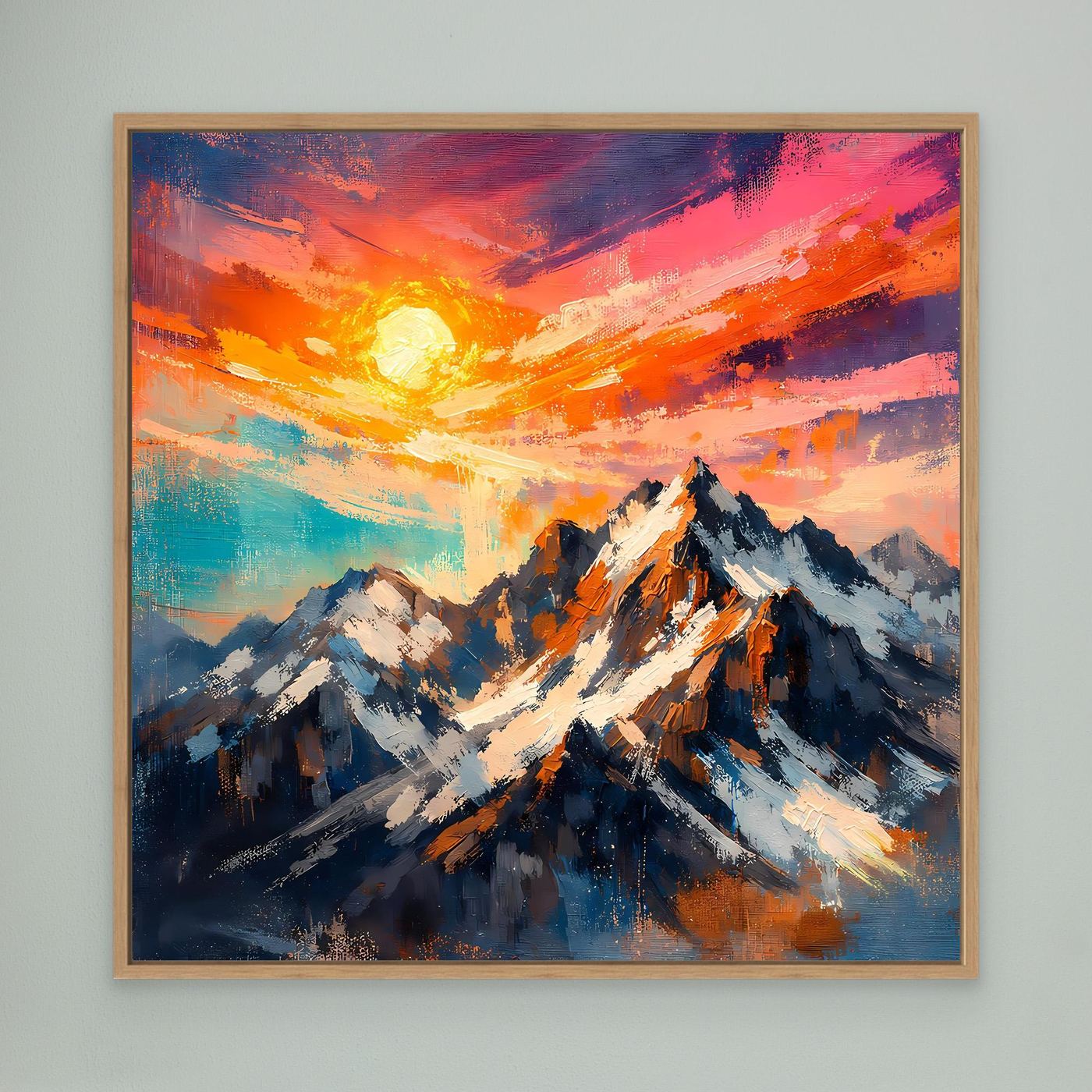 Leinwand Alpenglühen an verschneiten Berggipfeln | Abstraktes Gebirge Wandbild