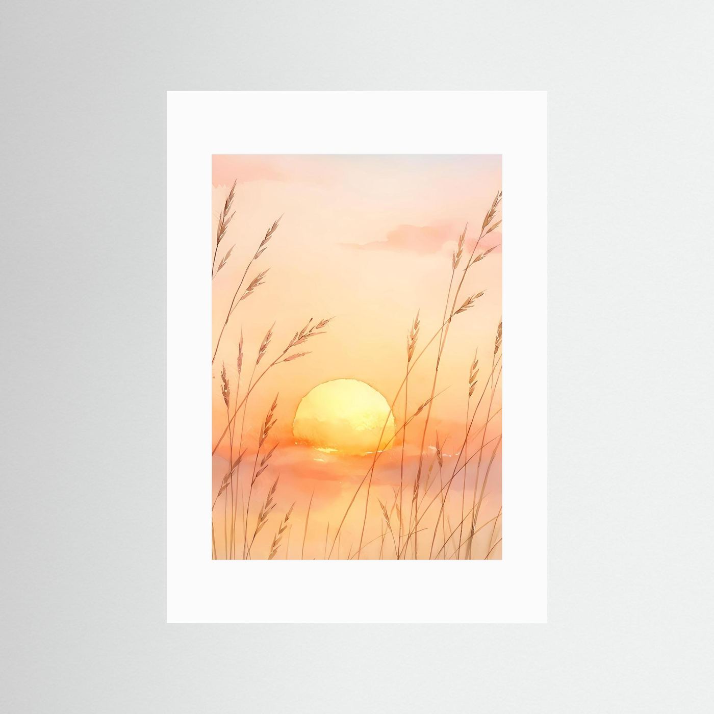 Poster mit Sonnenuntergang und Gräsern im Aquarellstil, weißer Rand ohne dunklen Rahmen