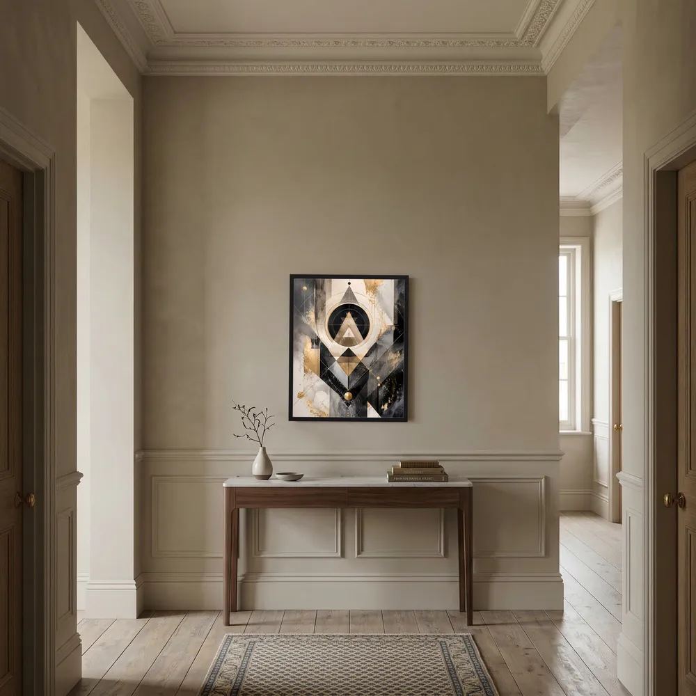 Gerahmtes Kunstposter im Hochformat mit abstrakten geometrischen Formen in Schwarz, Gold und Beige