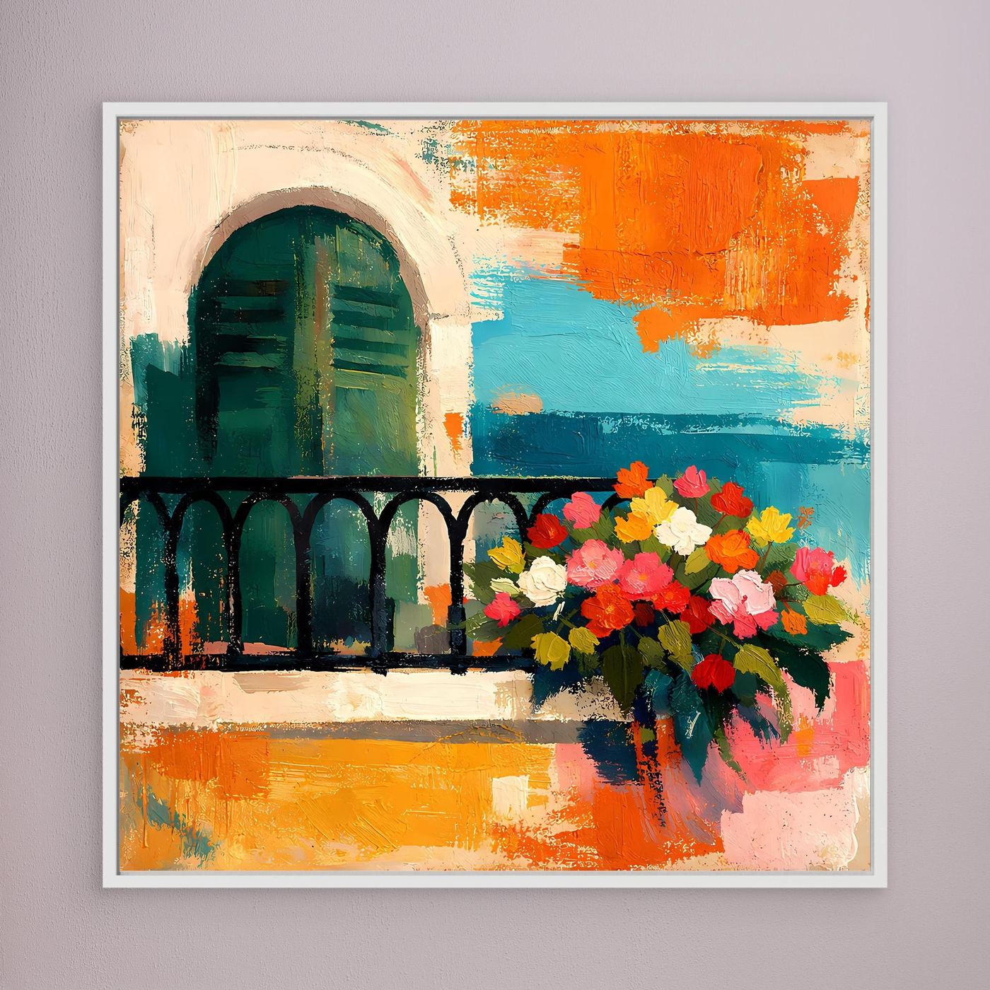 Framed Mediterranean balcony wall art with arched window and colorful flower bouquet, white border
