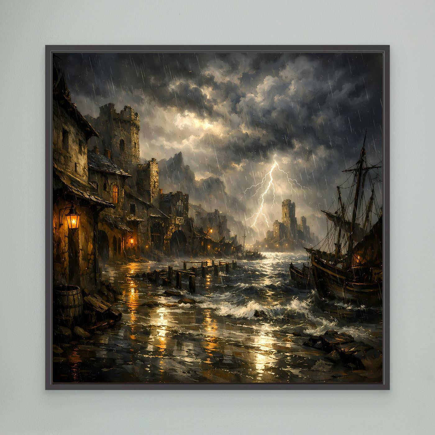 Leinwandbild mit Gewitter über dem Hafen: Blitz über Wasser, stürmische Boote, schwarze Einfassung