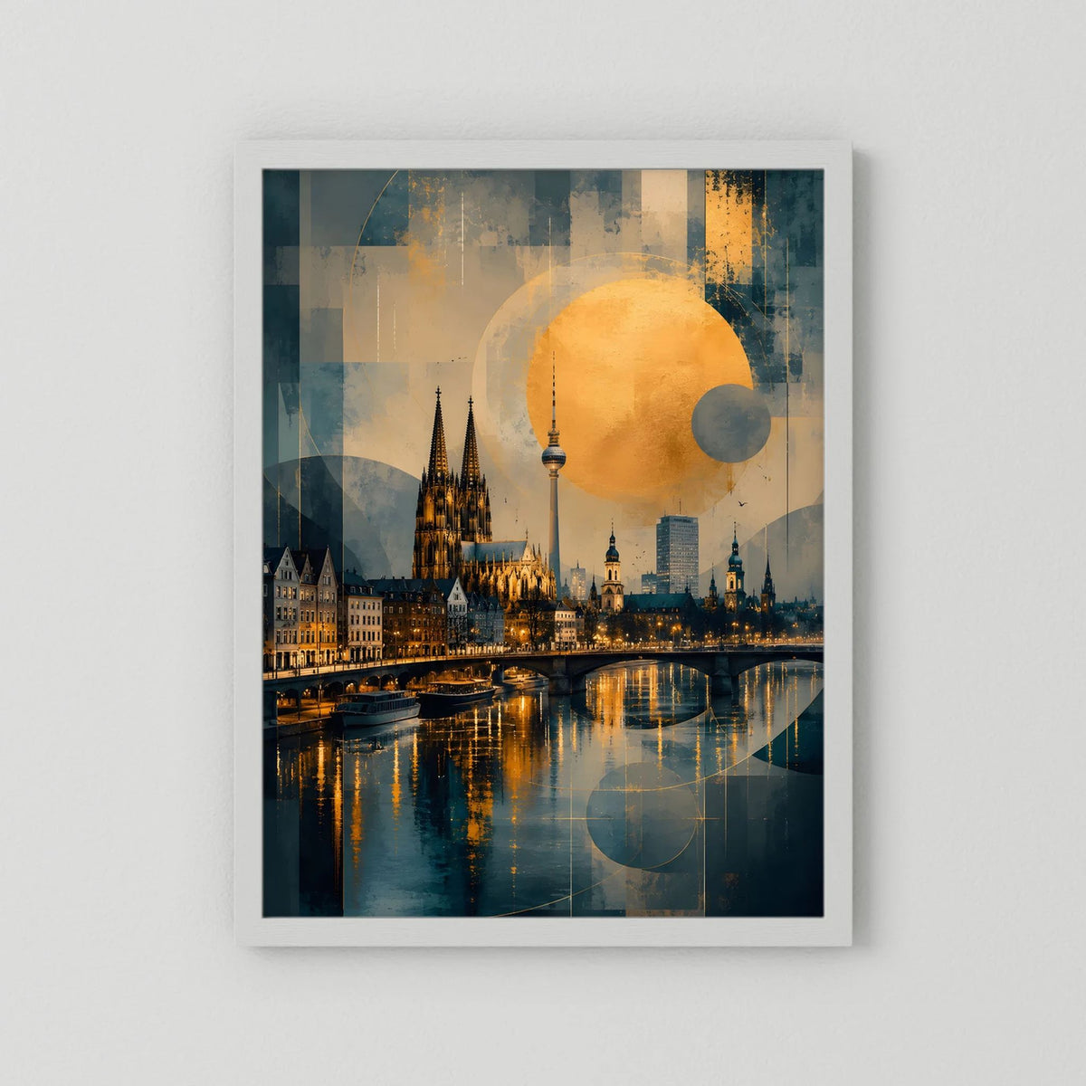 Hochformat-Poster Köln-Skyline mit Gold-Lichtkreis, weißer Rand ohne sichtbaren Rahmen