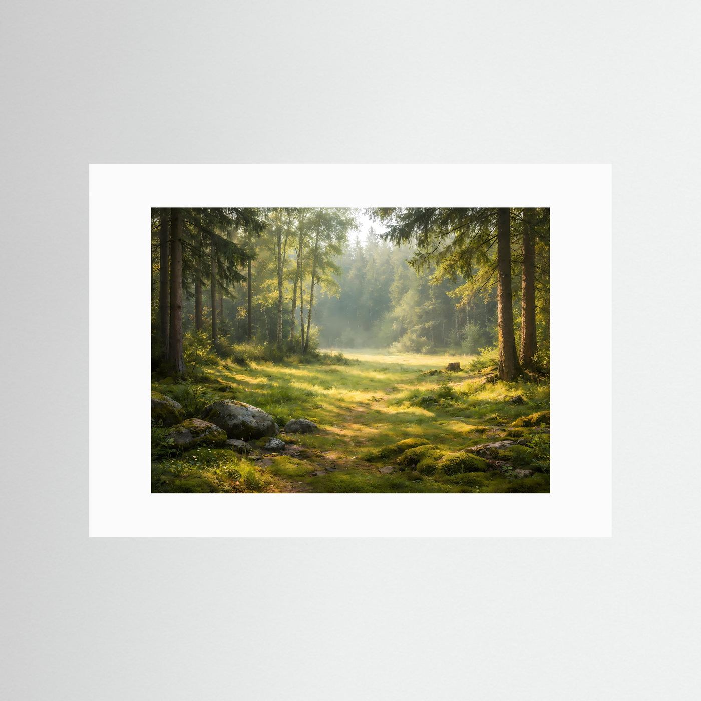 Sonnenlicht Wald Poster Querformat | Waldlichtung Natur Wandbild | Ruhige Landschaft Moderne Waldkunst