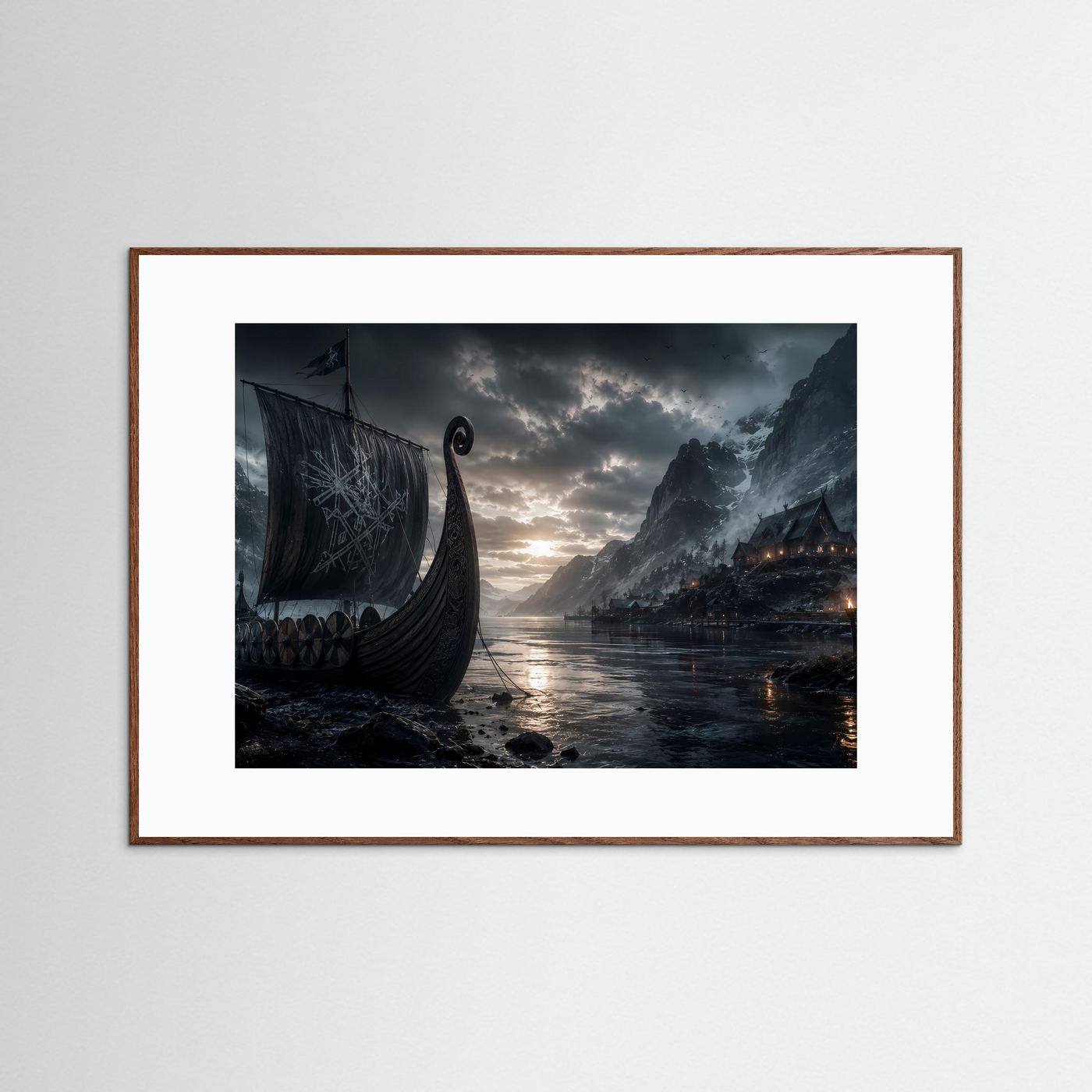 Wikinger im Fjord | Mystisches Langschiff zwischen Bergen – Nordische Wandkunst