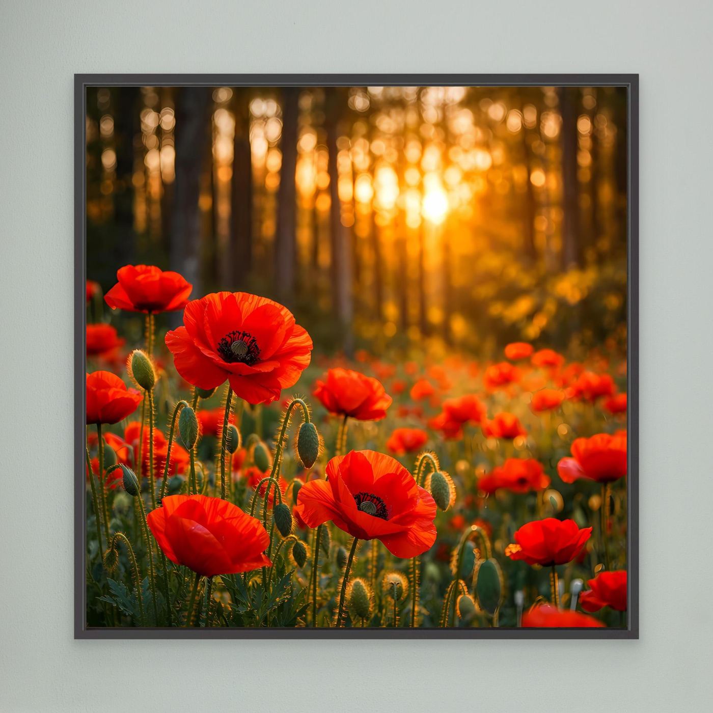 Leinwandbild mit roten Mohnblumen im goldenen Wald, schwarz gerahmt