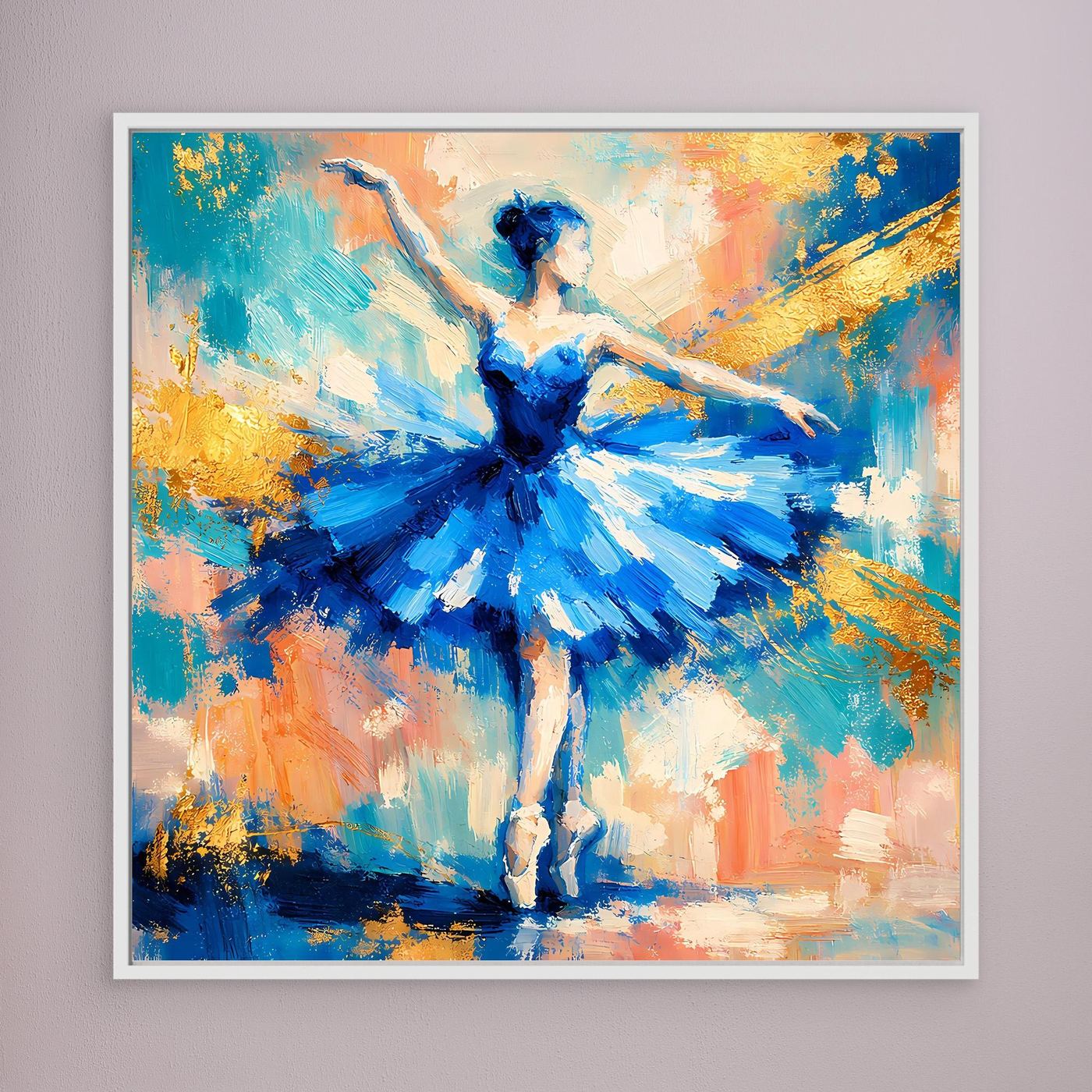 Leinwandbild mit abstrakter Ballerina in Blau, weiß gerahmt, mittig