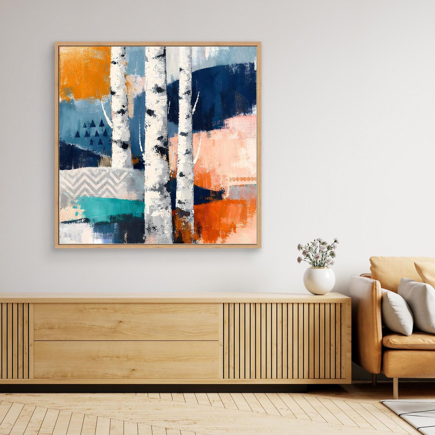 Gerahmtes Wandbild aus Leinwand mit abstraktem Birkenwald, blau-weiß gesprenkelte Birken und orange Flächen