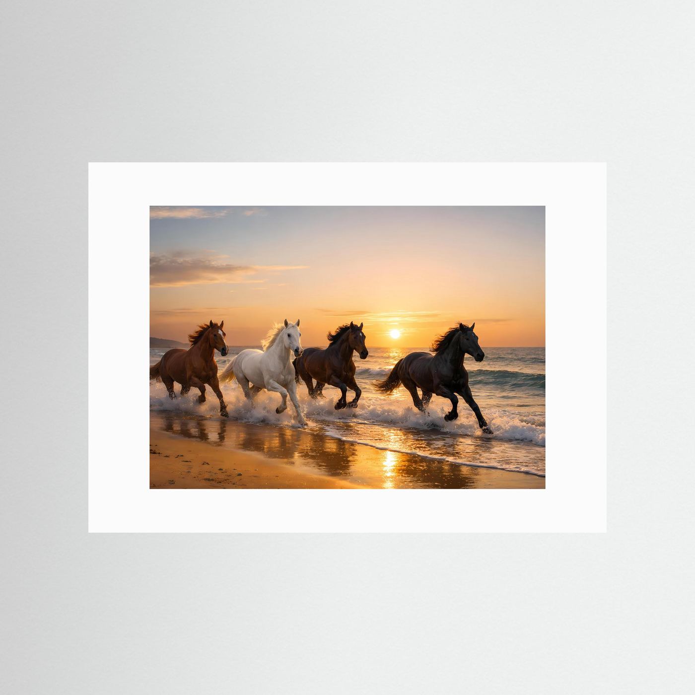 Querformatiges Pferde-Strandposter mit vier Pferden auf dem Strand bei Sonnenuntergang, weißer Rand