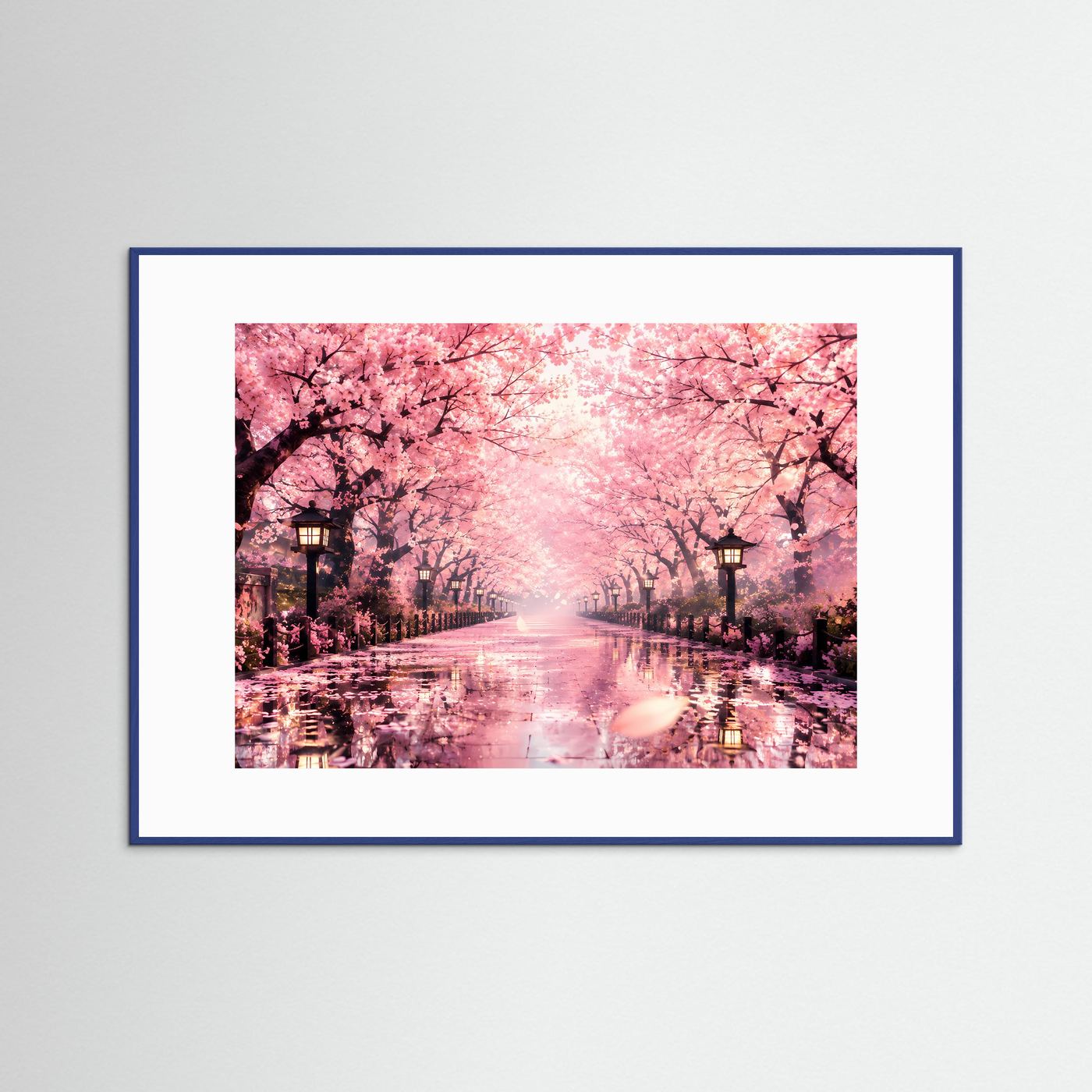 Poster mit Kirschblütenallee, rosa Blüten über Weg, blau gerahmt, weißes Passepartout