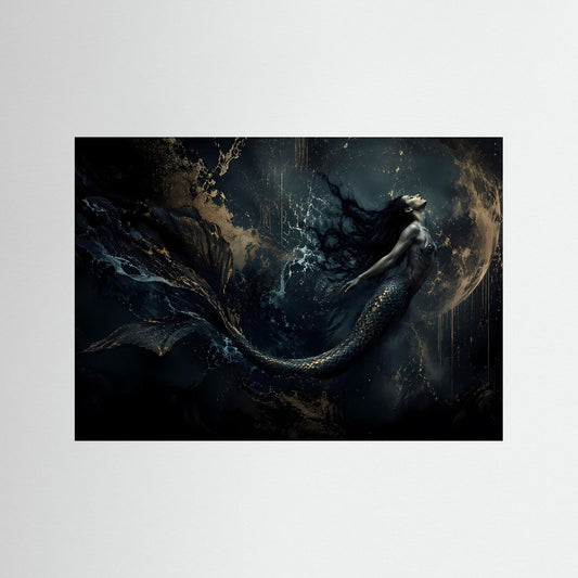 Meerjungfrau-Fantasy-Wandbild im Mondschein, dunkler Hintergrund, schwarzer Rahmen