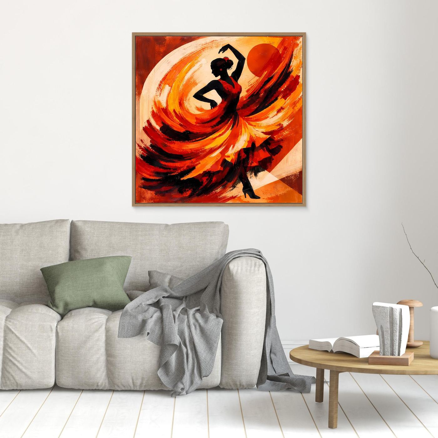 Gerahmtes Leinwandbild mit Flamencotänzerin in Rot-Orange, schwarzer Schatten und Wirbel