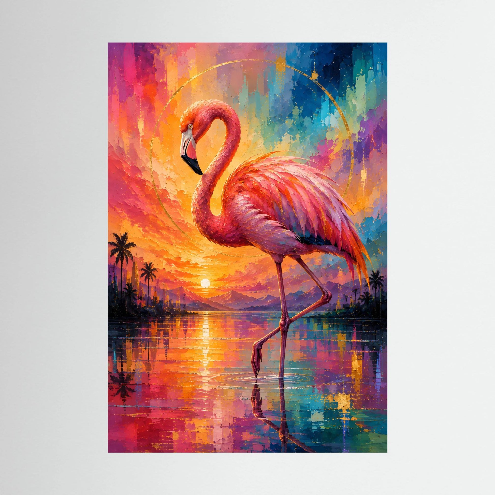 Kunstposter mit Flamingo in Pink und Türkis, Sonnenuntergang, Wasserreflexion und Palmen