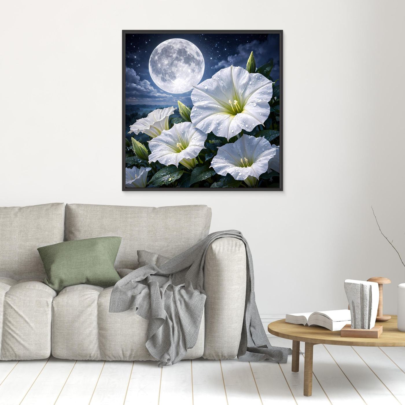Leinwand-Wandbild mit dunklem Rahmen: weiße Blüten und Vollmond im Nachthimmel