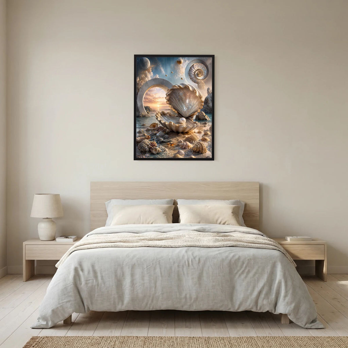 Hochformat-Poster mit Perlmutt-Muschel und Perle, Meerlandschaft in Creme und Gold