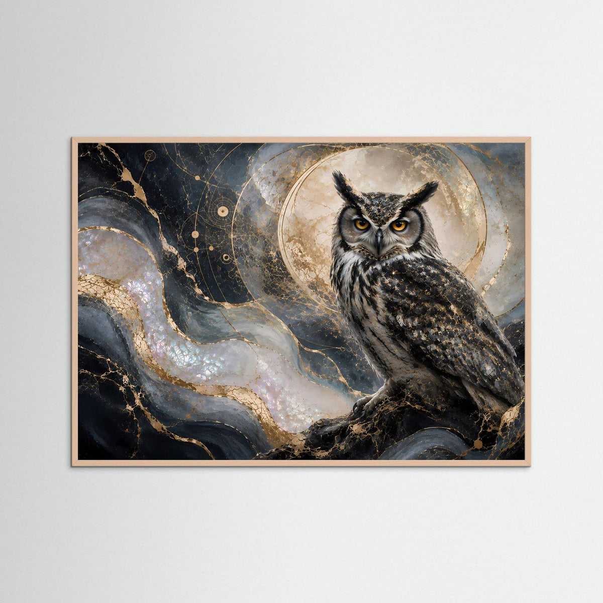 Wandbild-Poster Querformat mit Eule im Mondlicht im rosafarbenen Holzrahmen