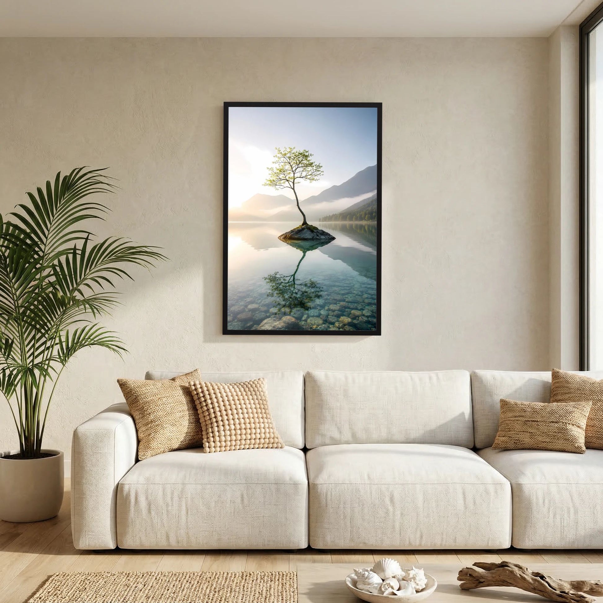 Einsamer Baum im Bergsee | Minimalistische Natur mit Spiegelung | Poster Hochformat