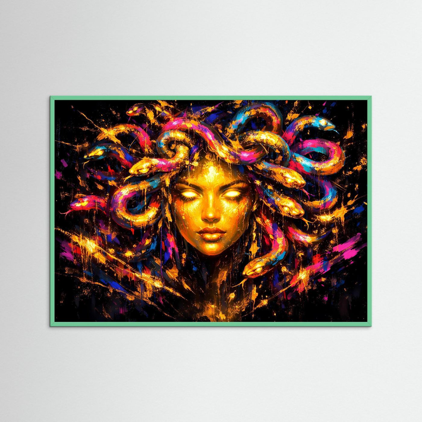 Poster mit Medusa-Gesicht in bunten Farben und goldenen Schlangen, grüner Rahmen, querformat