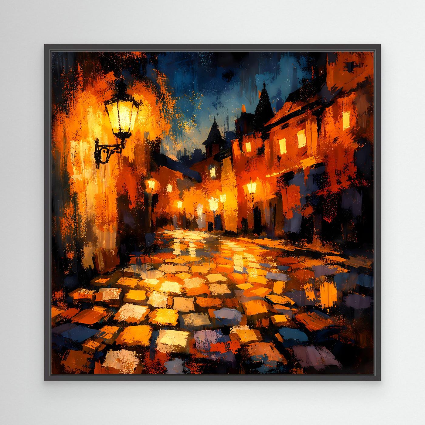 Leinwand Abstraktes Altstadt Gemälde | Modernes Romantisches Gassen Wandbild bei Nacht
