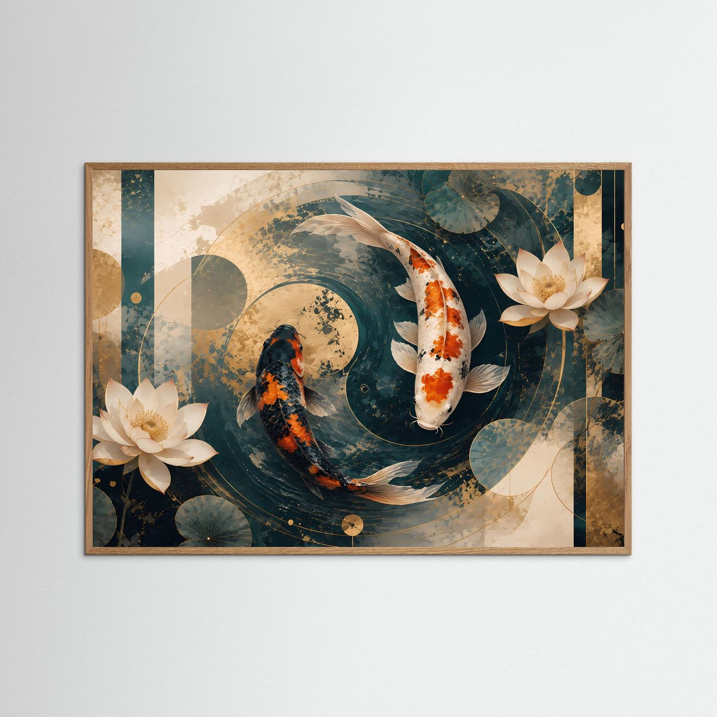 Koi Poster Querformat | Japanische Koi-Fische mit Lotusblüten in Petrol, Creme & Gold | Elegantes asiatisches Wandbild mit abstrakter Wasserlandschaft