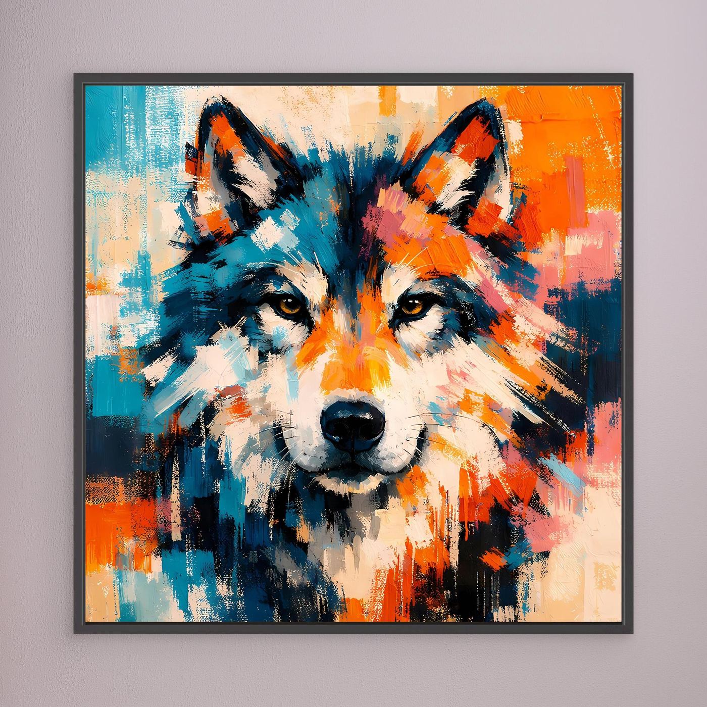 Framed abstract wolf face canvas print with bold blue, orange, and white accents