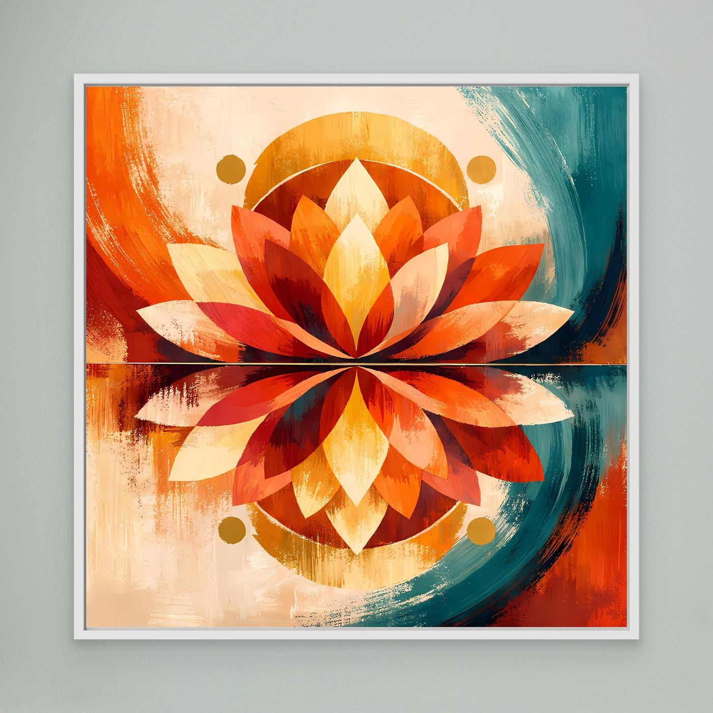 Gerahmtes Leinwandbild mit symmetrischer Lotusblüte in Orange und Türkis, mit goldenen Kreisen