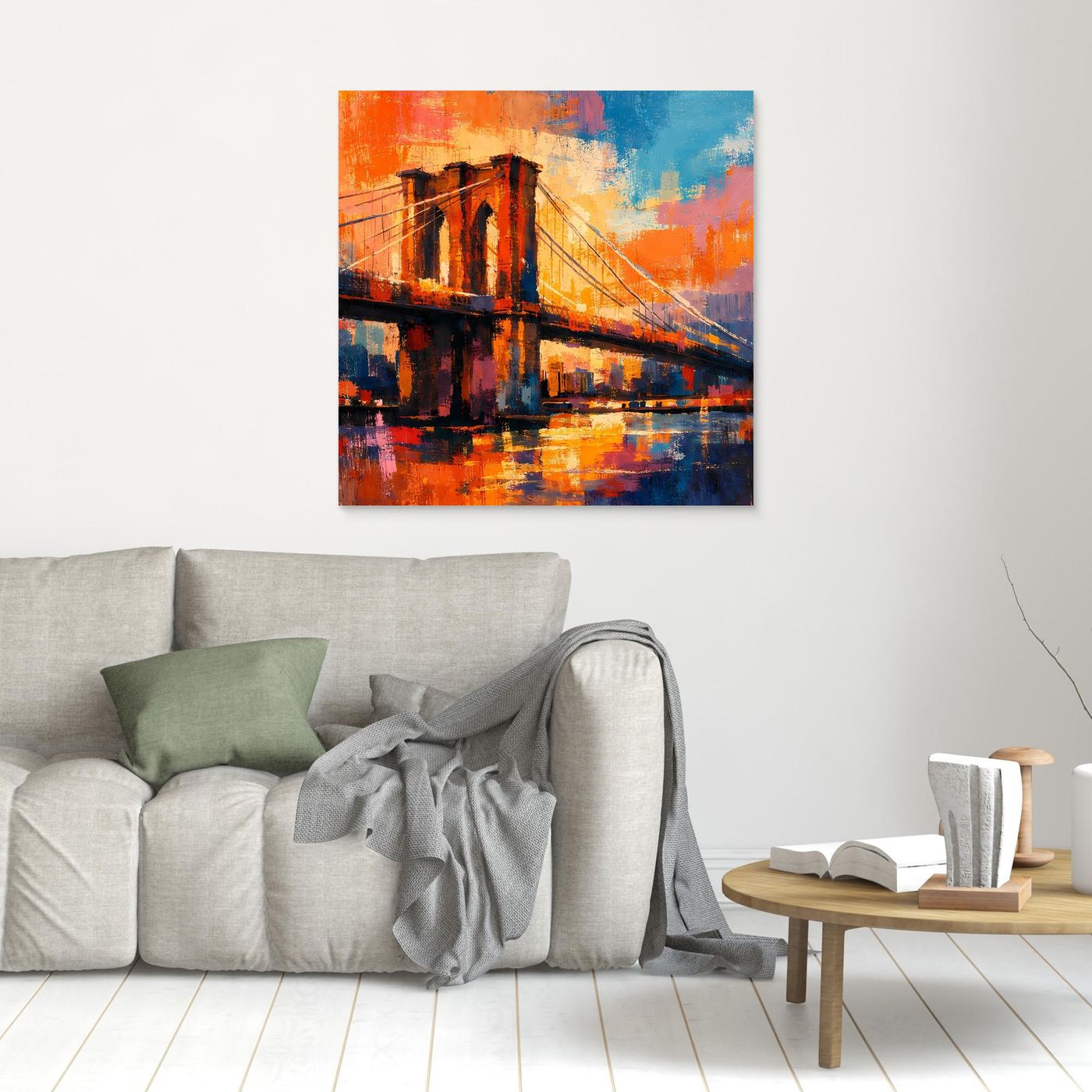 Kleines abstraktes Leinwand-Wandbild Brooklyn-Brücke, orange-blau, ohne sichtbaren Rahmen