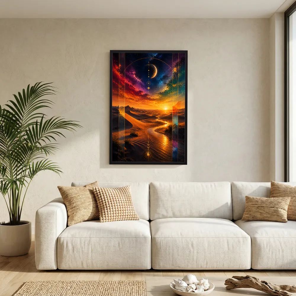 Poster Hochformat mit schwarzem Rahmen: kosmische Wüste in Gold/Orange, Mond am Himmel.