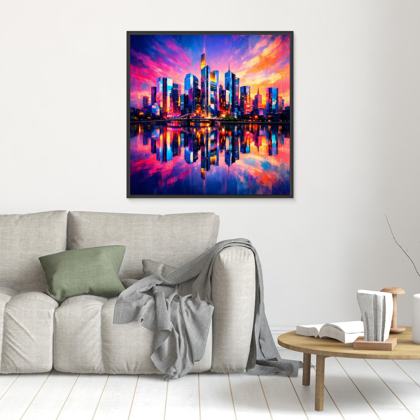 Leinwand Farbenfrohe Frankfurt Skyline bei Sonnenuntergang | Modernes Wandbild