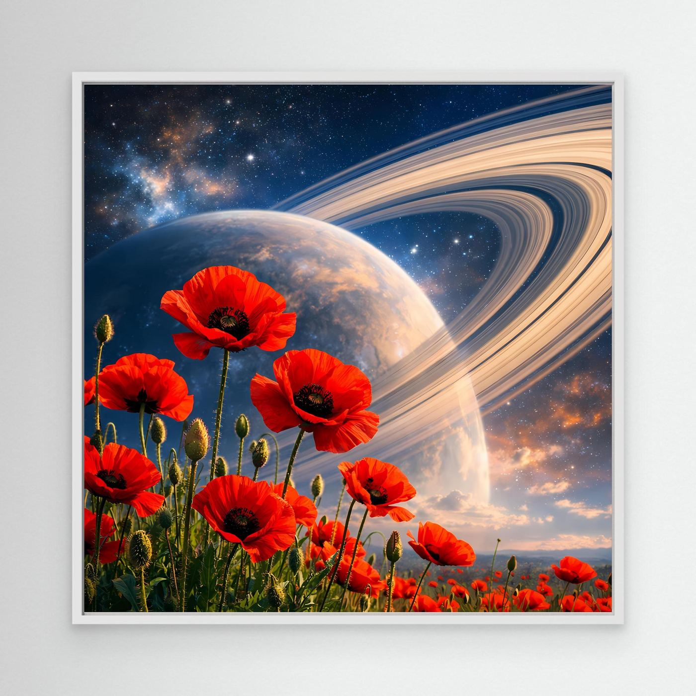 Leinwandbild mit roten Mohnblumen und Weltall-Motiv im weißen Rahmen