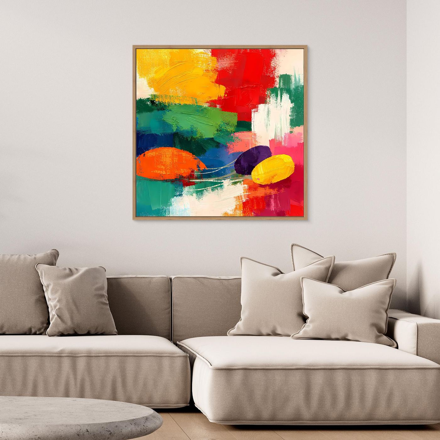 Leinwand-Wandbild mit abstrakten Farbklecksen, goldfarbener Rahmen, Rot, Grün, Gelb, Blau