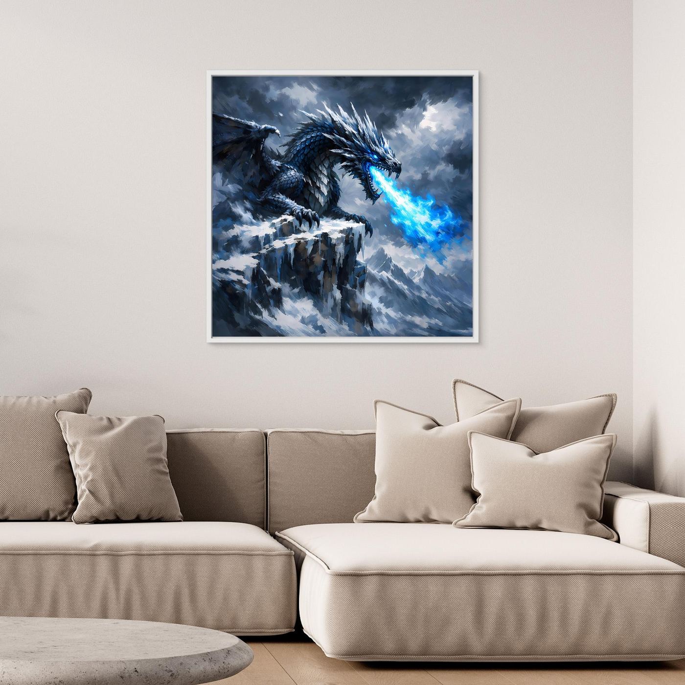 Leinwand Eisdrache auf stürmischem Berggipfel | Episches Fantasy-Wandbild auf echter Leinwand