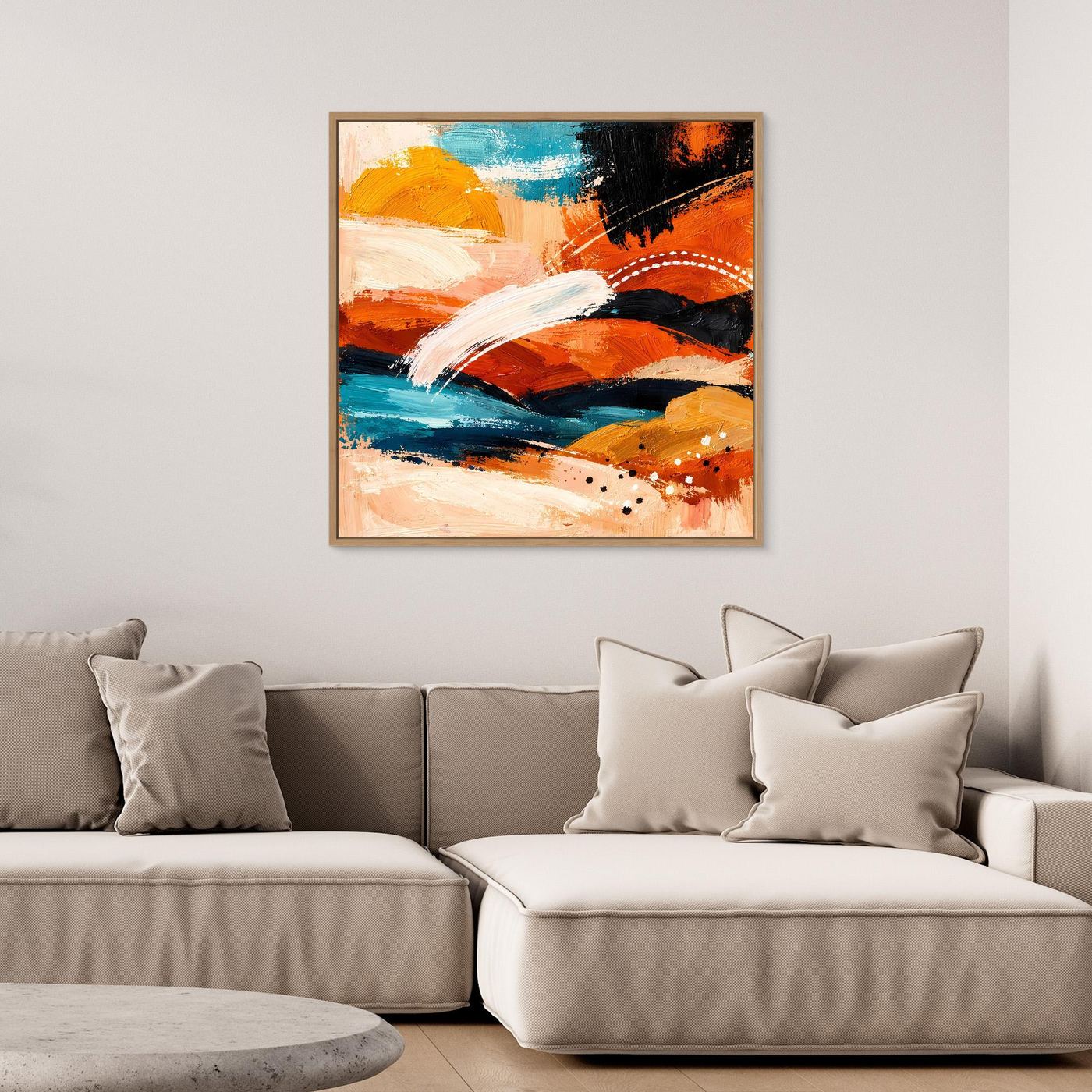 Framed abstract landscape wall art canvas with orange, turquoise, white brush strokes, and black accents