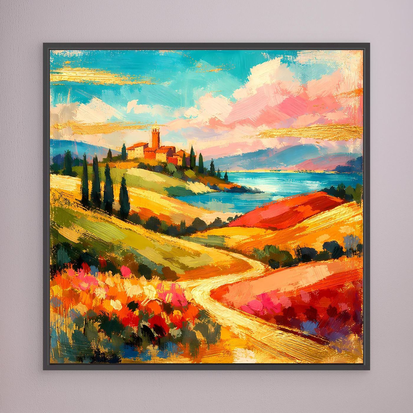 Gerahmtes Leinwandbild mit abstrakter Landschaft: orange-rote Hügel, Zypressen, Blumen