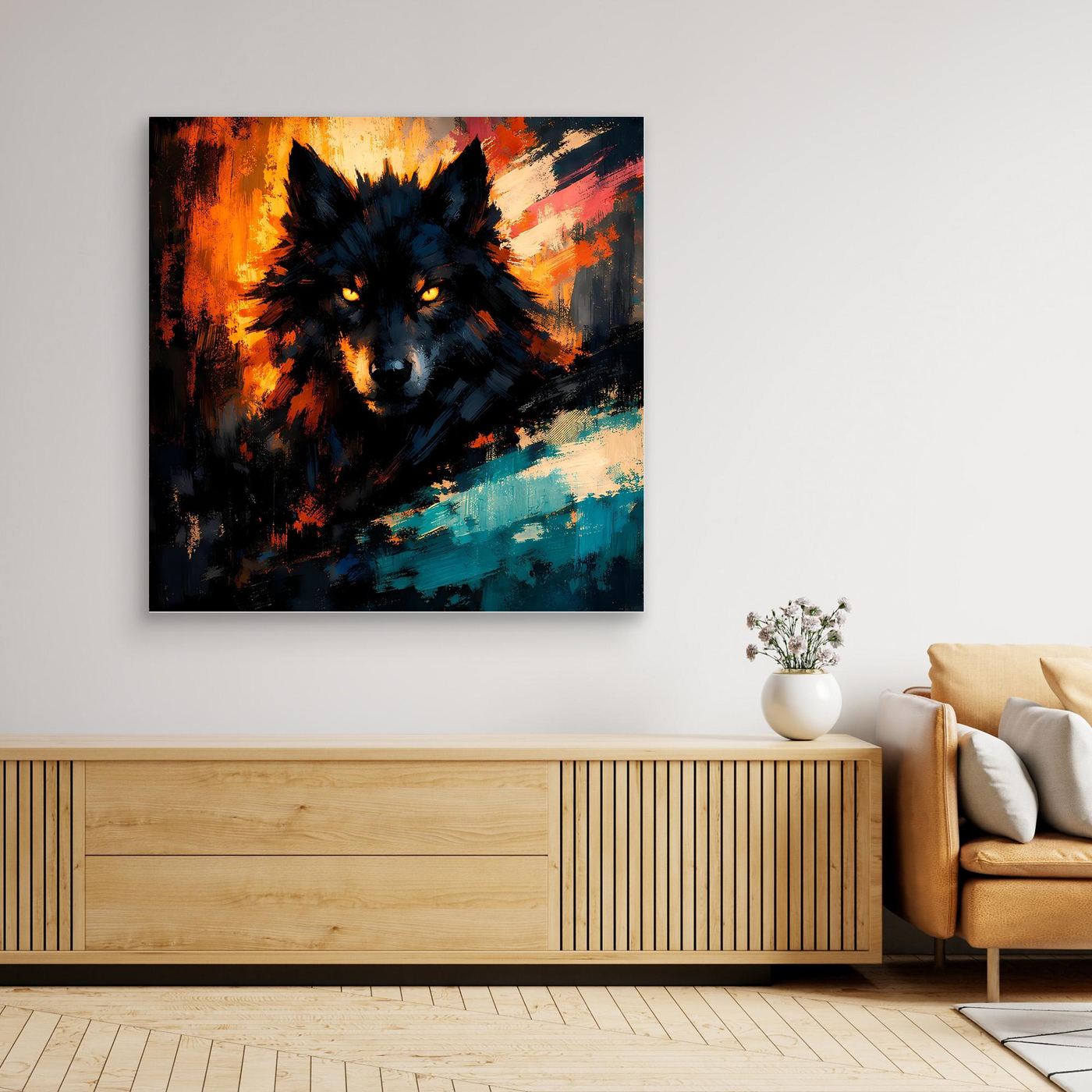 Leinwandbild mit dunklem Wolf im abstrakten Feuerschein, orange-türkis, kräftige Pinselstriche