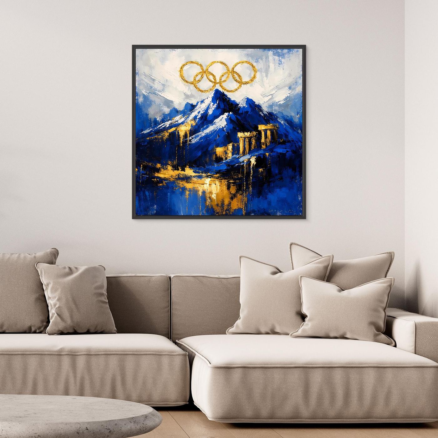 Leinwand Olympischer Geist am Mount Olympus | Abstraktes Berge Wandbild Gold Blau