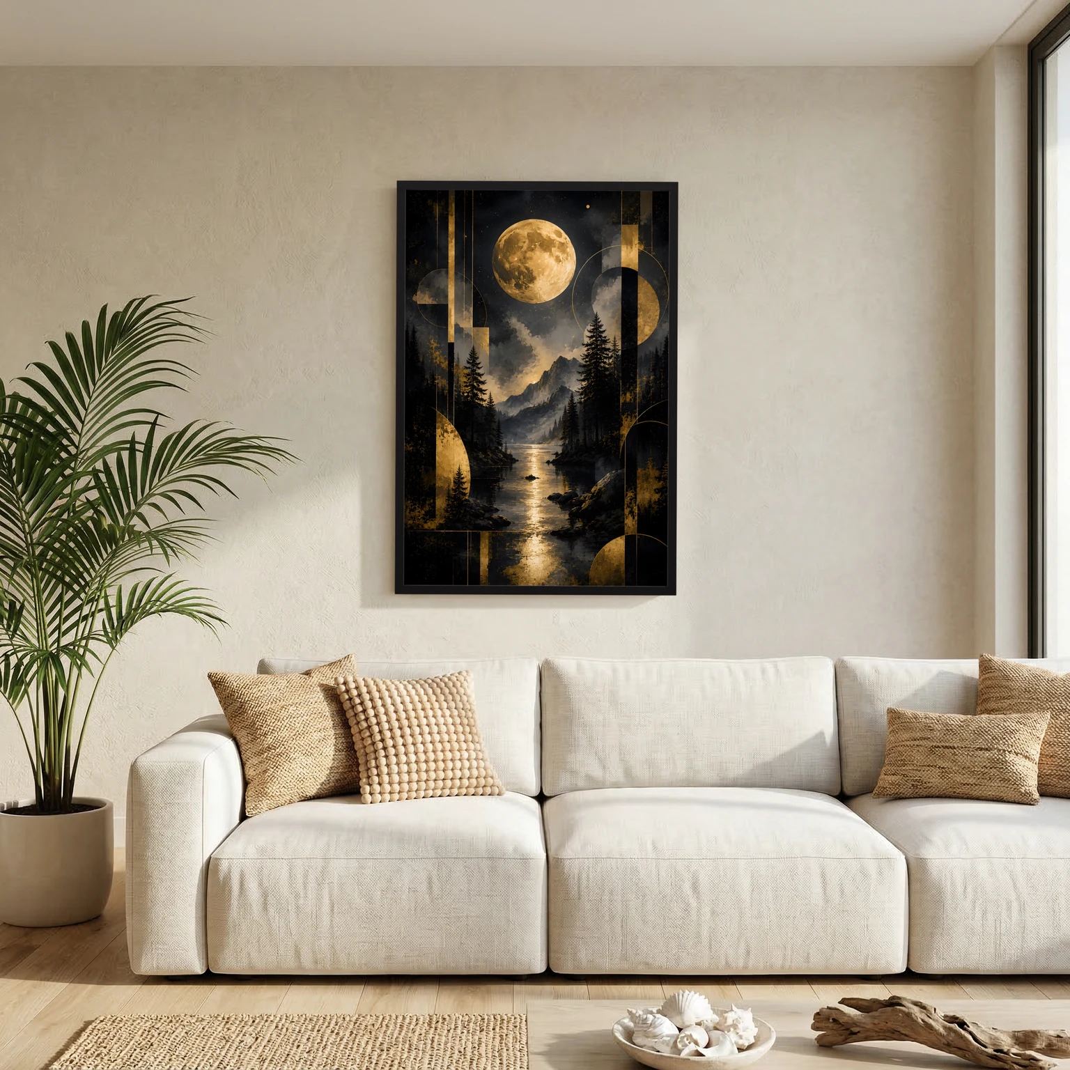 Gerahmtes Hochformat-Poster mit goldener Vollmond-Landschaft, Bergen, Tannen und Fluss