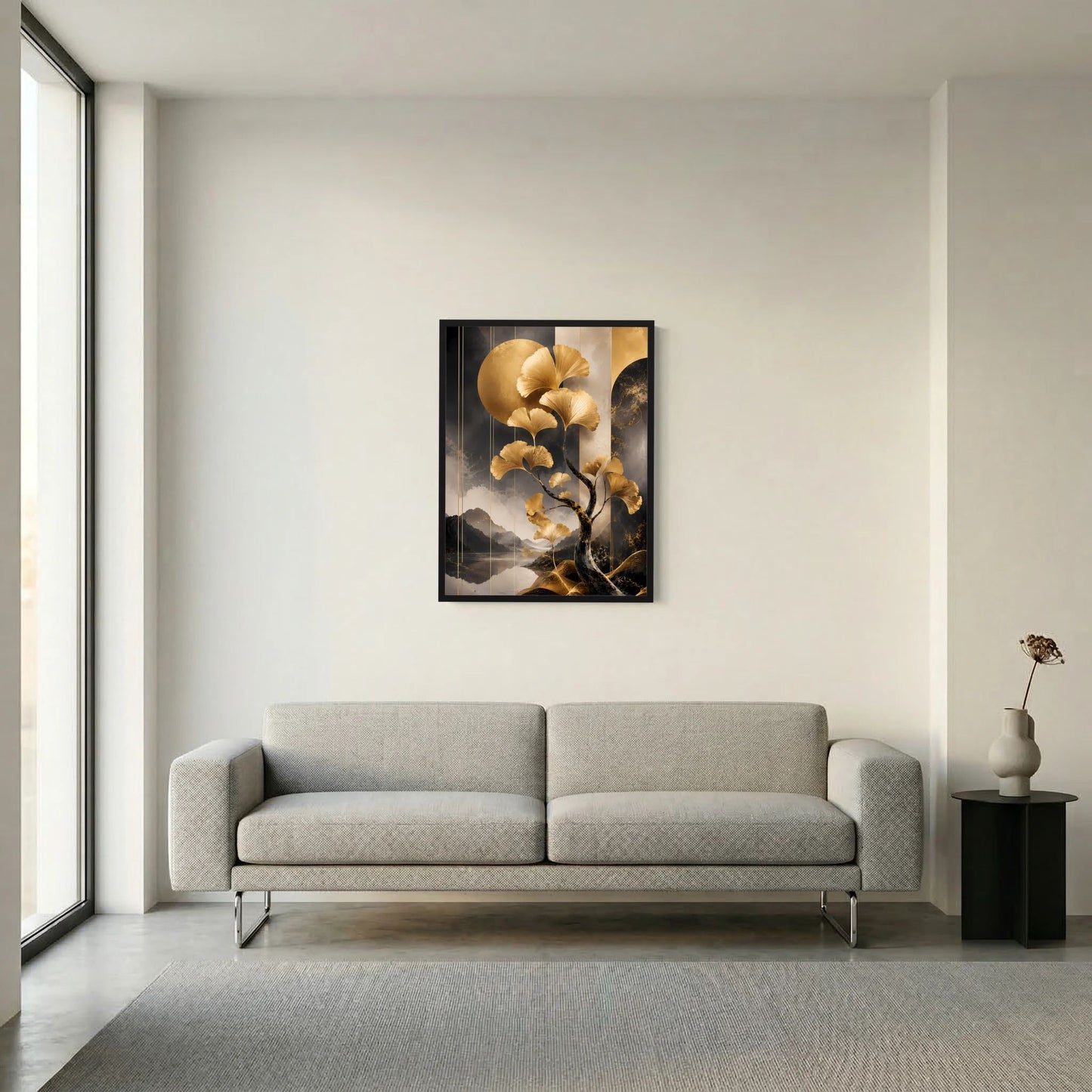 Vertikales Poster mit goldenem Ginkgobaum-Motiv und Bergsee, schwarzer Rahmen