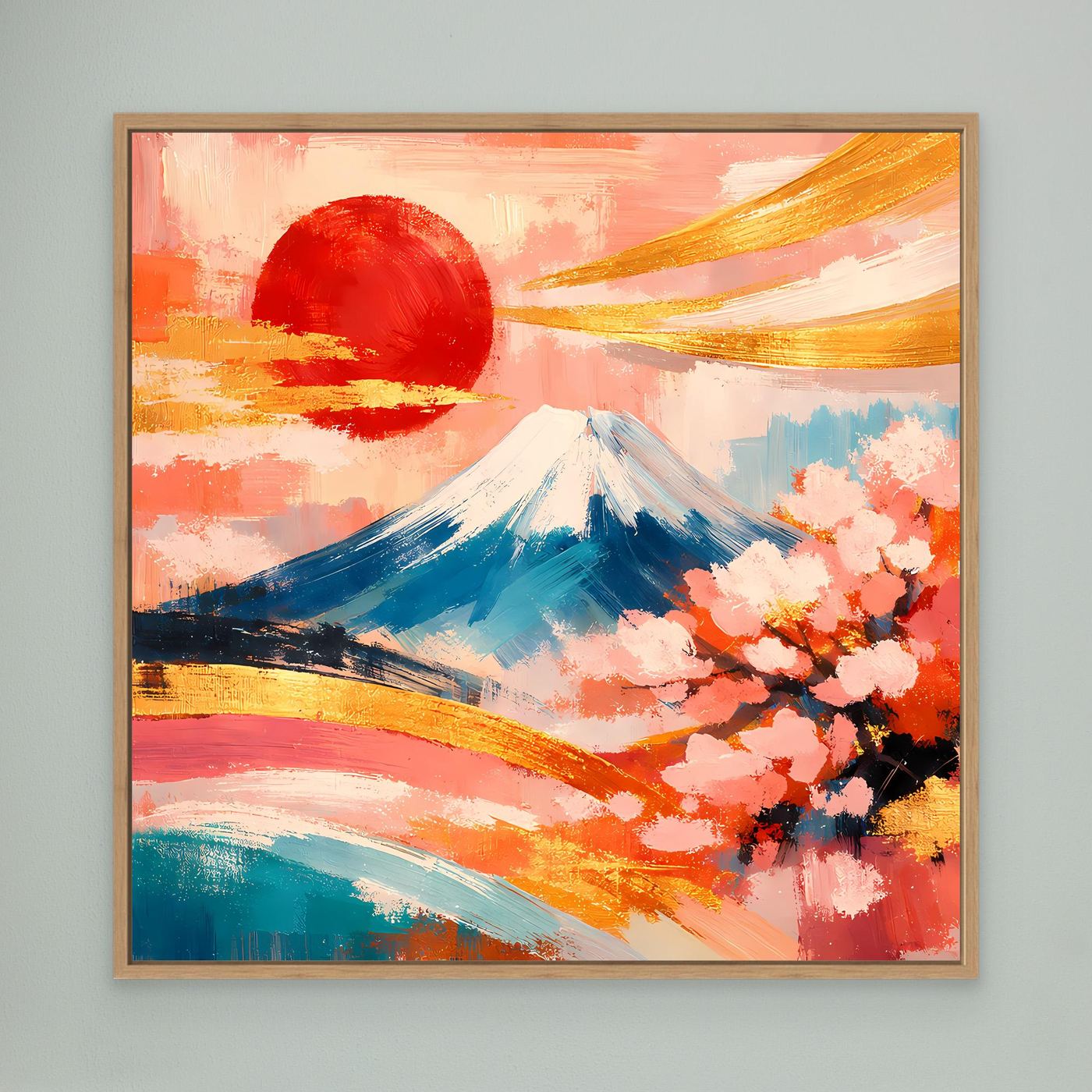 Leinwandbild mit Berg Fuji und Kirschblüten, abstrakte Farben, mit hellem Holzrahmen