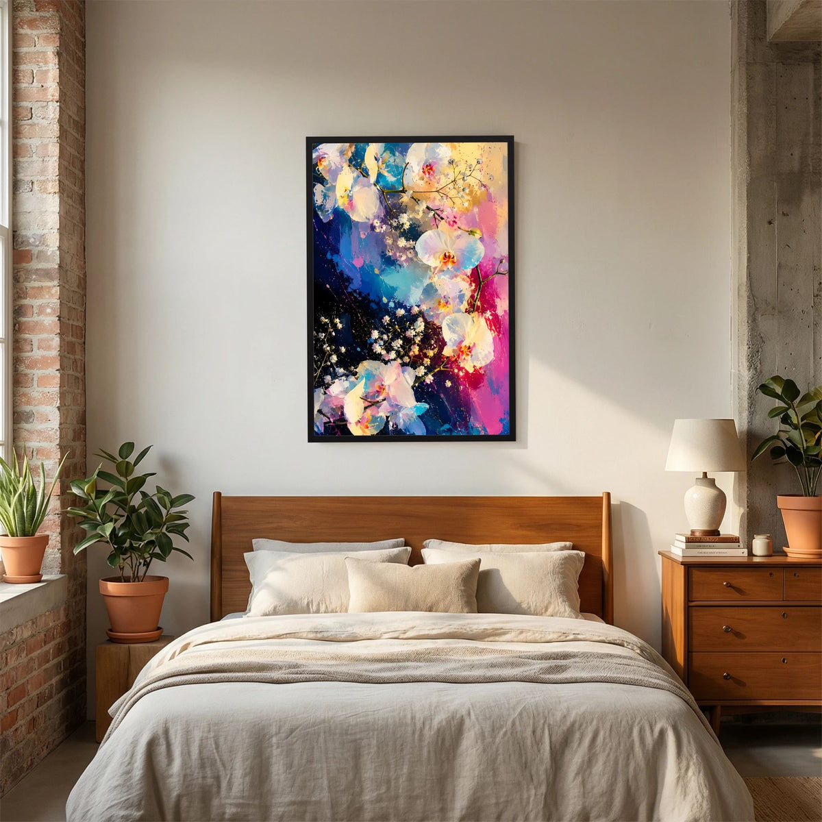 Abstraktes Orchideen-Poster Hochformat im schwarzen Rahmen über dem Bett