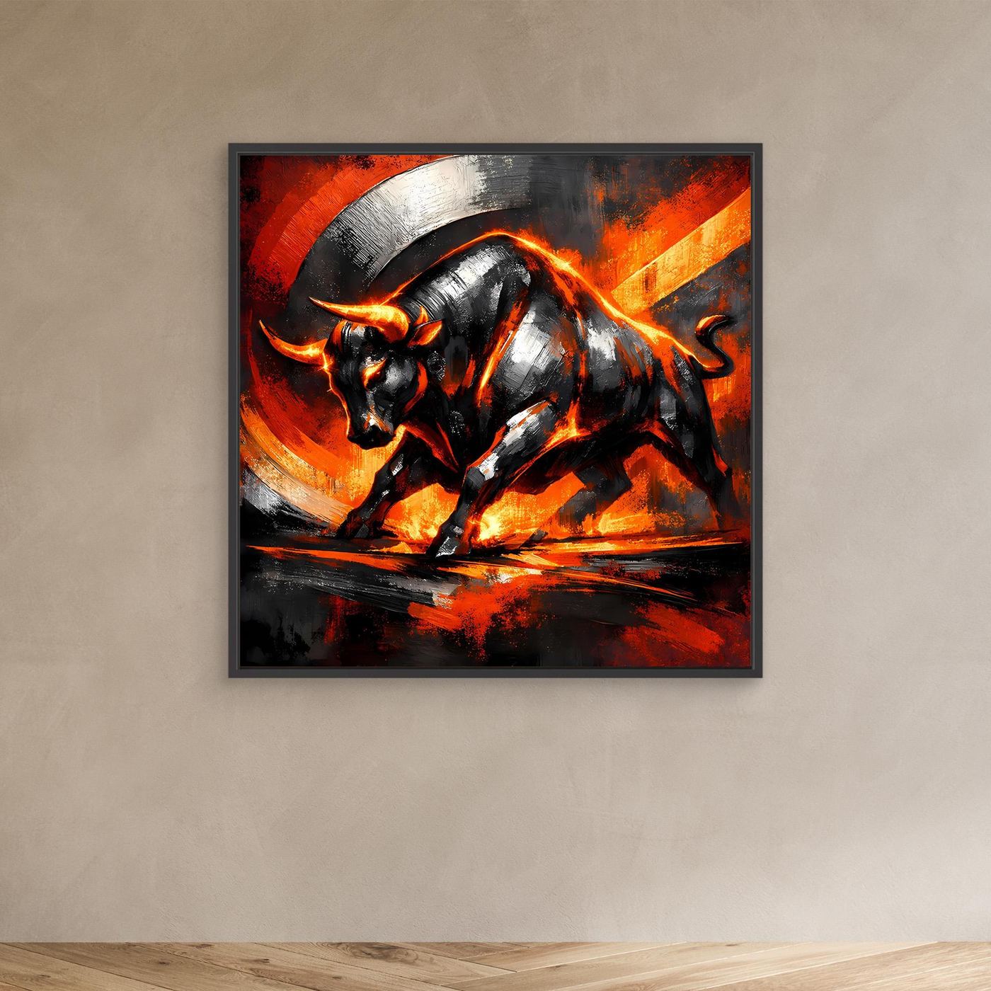 Leinwand-Wandbild mit abstraktem Stier, schwarz-grau, orange Flammen im schwarzen Rahmen