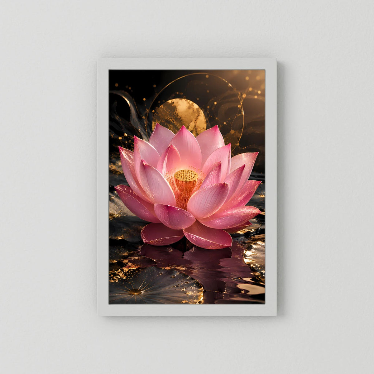 Lotusblüten-Poster mit weißem Rahmen, rosa Lotusblume und goldene Lichteffekte